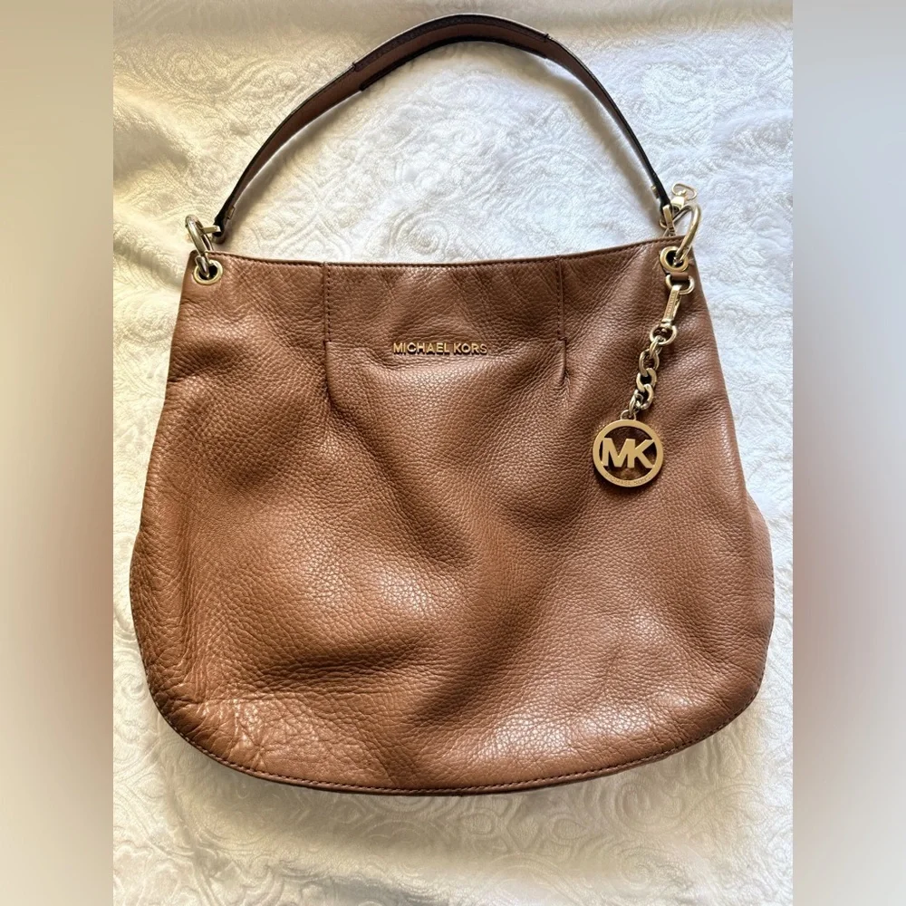 Michael Kors Brown Leather Hobo Bag Shoulder Purse Gold Tone Logo